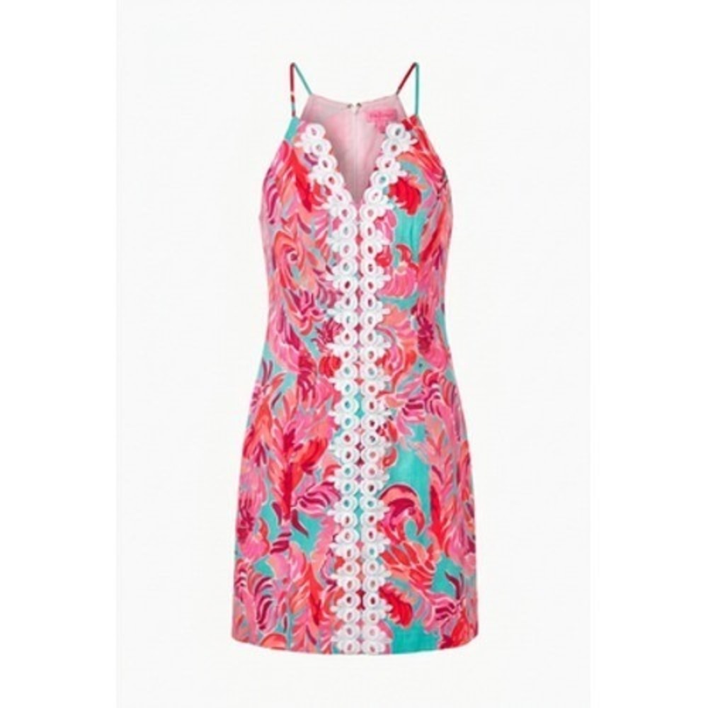 Lilly Pulitzer Dress Womens 4 Pink Floral Shift Crochet Trim Resort Vacation